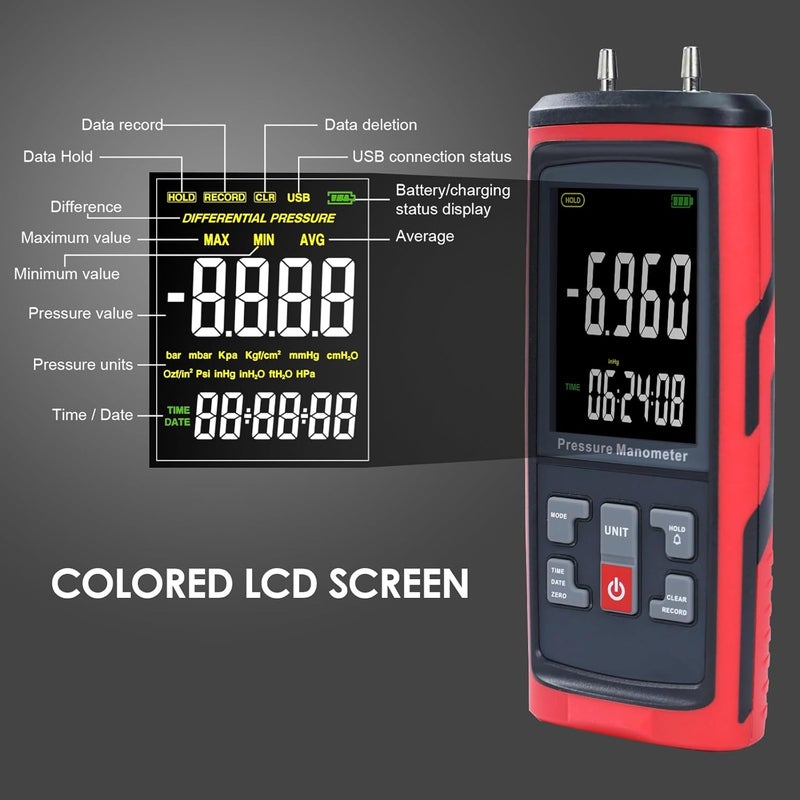 DANOPLUS Manometer Data Logger Digital Manometer Gas Pressure Tester with ±200 inH2O Measuring Range, Differential Pressure Gauge 13 Selectable Units Manometer HVAC with Large LCD Screen - Image 5